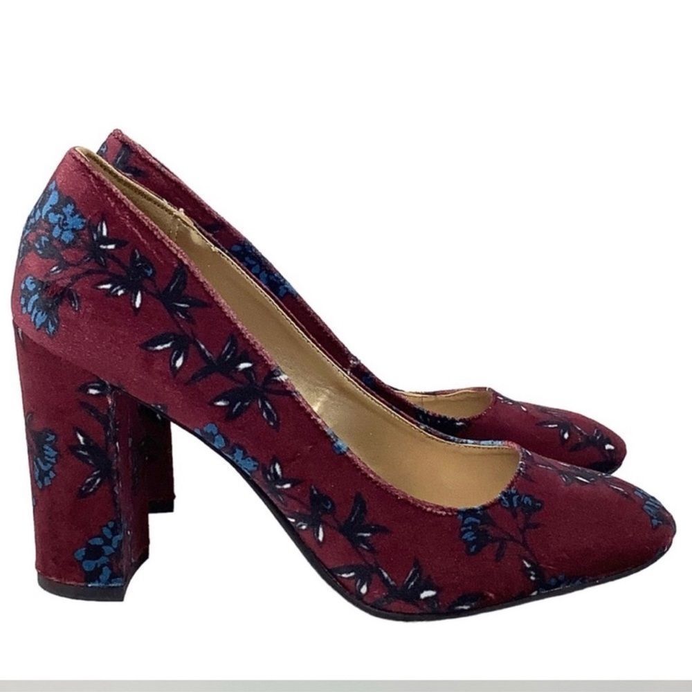 Libby Edelman Floral Block Heel Velvet Round Toe Burgundy Size 7.5
